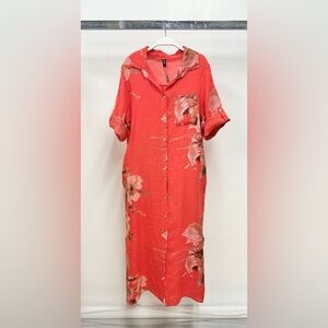 (5-42-MAGNOLIA-COR) BUTTON DOWN LONG MAGNOLIA FLOWERS LINEN DRESS